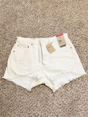 Levi's White 501 Raw Hem Denim Shorts
